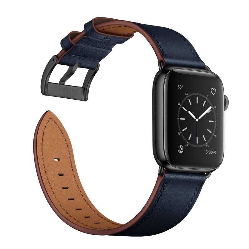 OUHENG Leather Bands Compatible with Apple Watch Band 49mm/46mm/45mm/44mm/42mm, Genuine Leather Strap for iWatch Series 11/10/9/8/7/6/5/4/3/2/1 & Ultra 3/2/1 & SE3 SE2 SE, Dark Blue/Black - Image 3